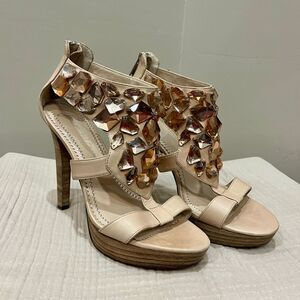 Jean-Michel Cazabat Crystal Embellished Platform Leather High Heels Nude Sz 7.5